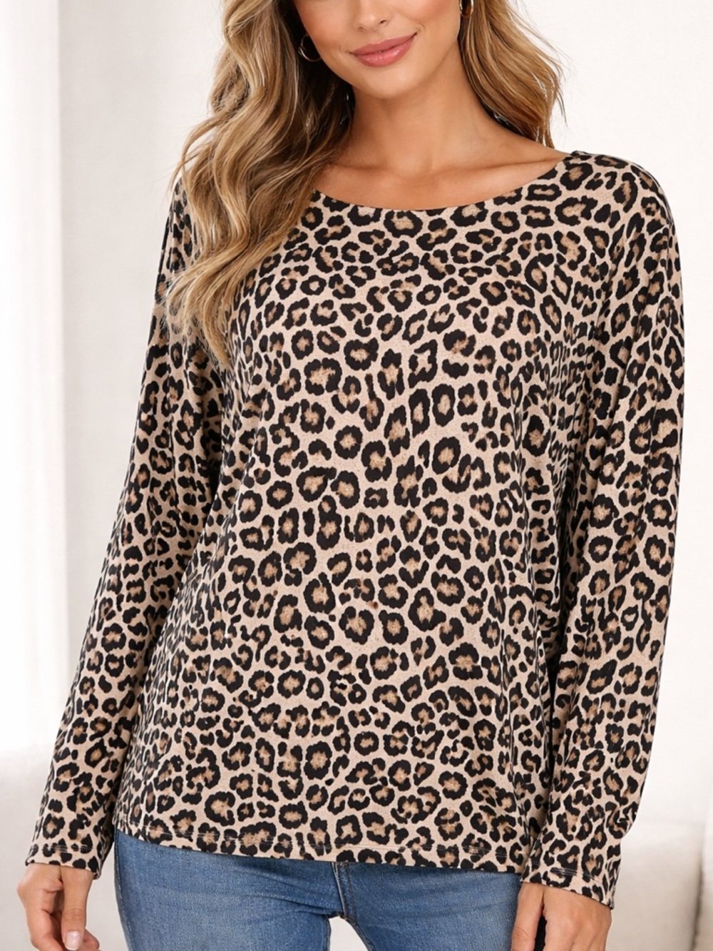 Chico’s Women’s Size 2 (L) Leopard Print Knit Sweater Top Tan Black Animal Print